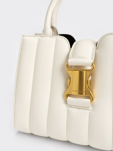 حقيبة آيفي مخططة التصميم بإبزيم معدني, كريم, hi-res