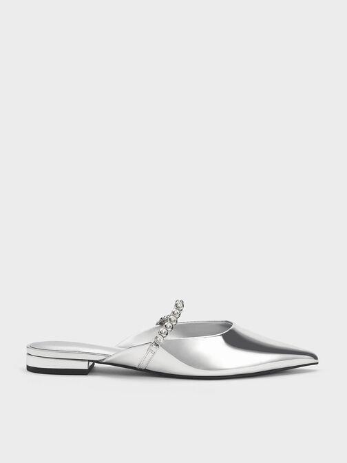 Gem-Strap Metallic Flat Mules, Silver, hi-res