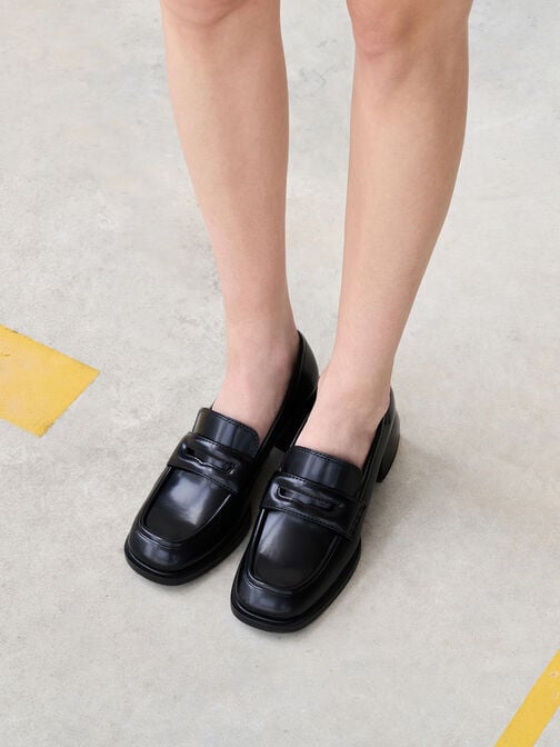 Penny Loafer Trapeze-Heel Pumps, Black Boxed Penny Loafer Trapeze-Heel Pumps, Black Boxed, hi-res