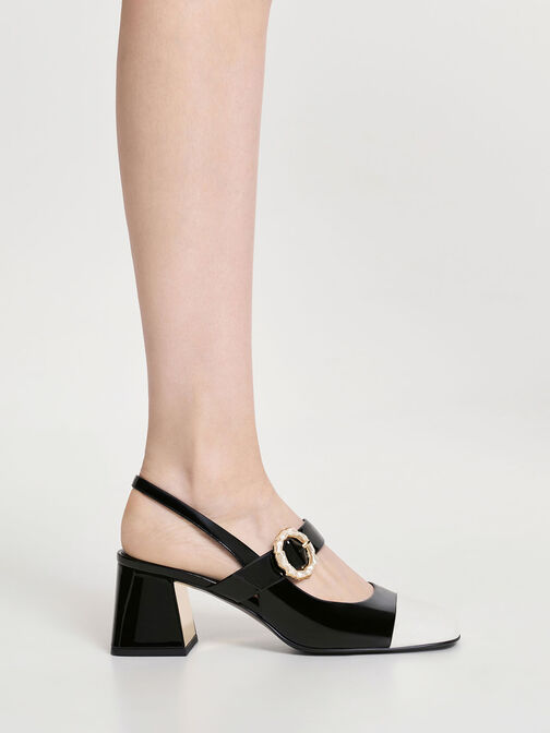 حذاء بكعب عالي ومشبك للكاحل بتصميم مزدوج اللون ومشبك لؤلؤي, Black Patent, hi-res