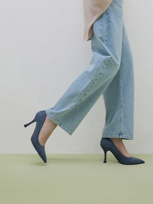 Denim Pointed-Toe Spool-Heel Pumps, Denim Blue Denim Pointed-Toe Spool-Heel Pumps, Denim Blue, hi-res