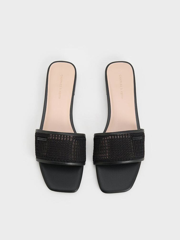 Mesh Knitted Slide Sandals, Black Textured, hi-res