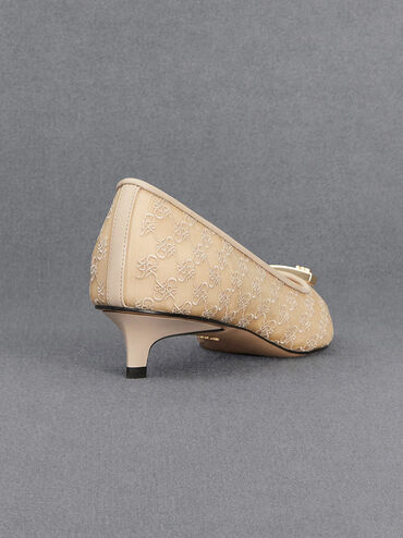 Mesh Kitten-Heel Pumps, Beige, hi-res