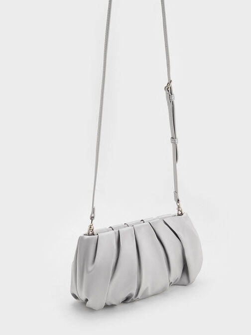 Satin Ruched Bead-Handle Bag, Silver, hi-res