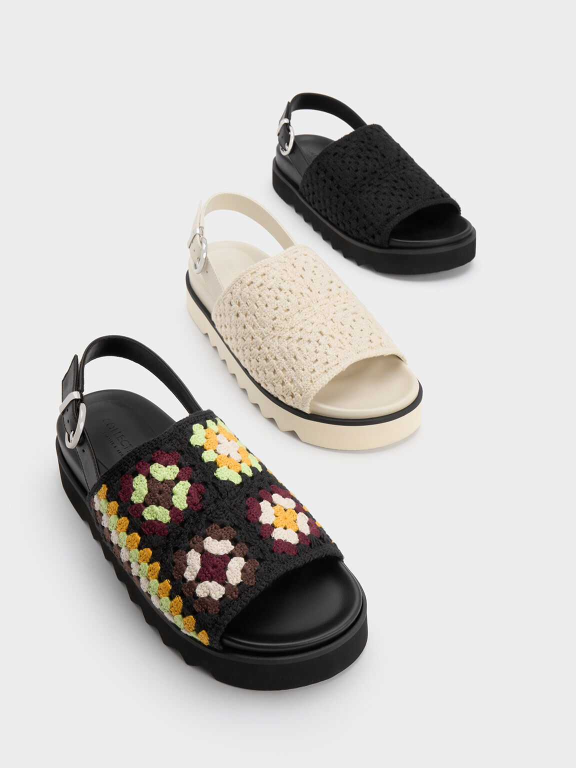 Crochet & Leather Slingback Sandals, Black, hi-res