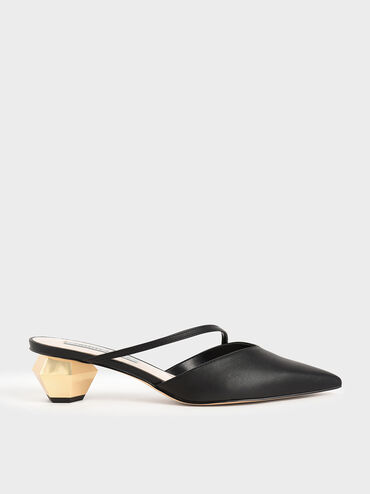 Everly Asymmetric Strap Chrome Heel Mules, Black, hi-res