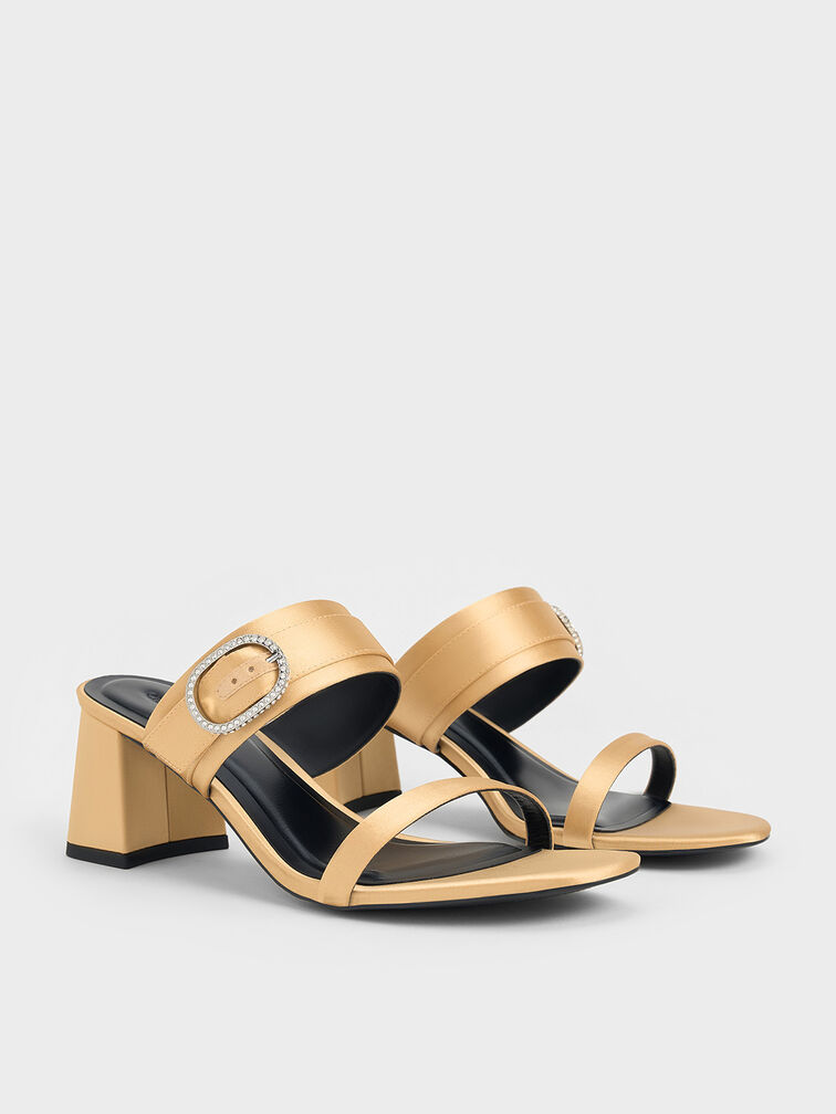 Recycled Polyester Crystal-Buckle Block-Heel Mules, Champagne, hi-res