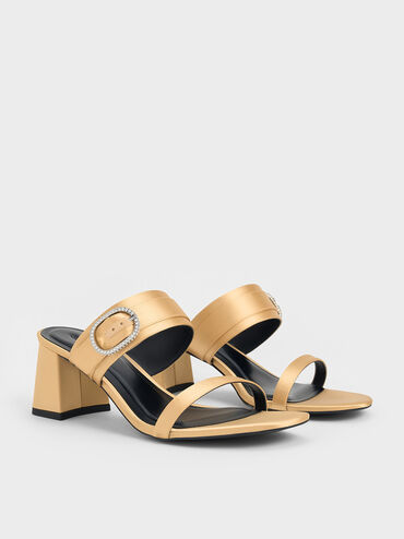 Recycled Polyester Crystal-Buckle Block-Heel Mules, Champagne, hi-res