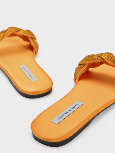 Gem-Embellished Braided Strap Slides, Orange, hi-res