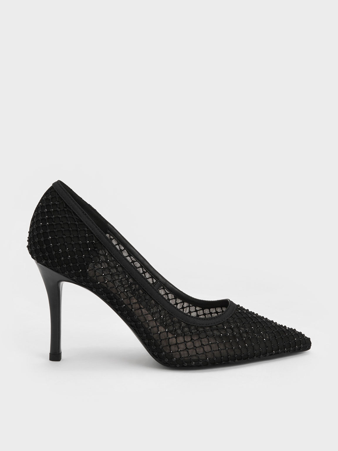 Black Gem-Encrusted Mesh Heeled Pumps - CHARLES & KEITH SA