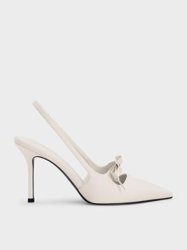 Satin Bow Pointed-Toe Slingback Pumps, Light Grey, hi-res