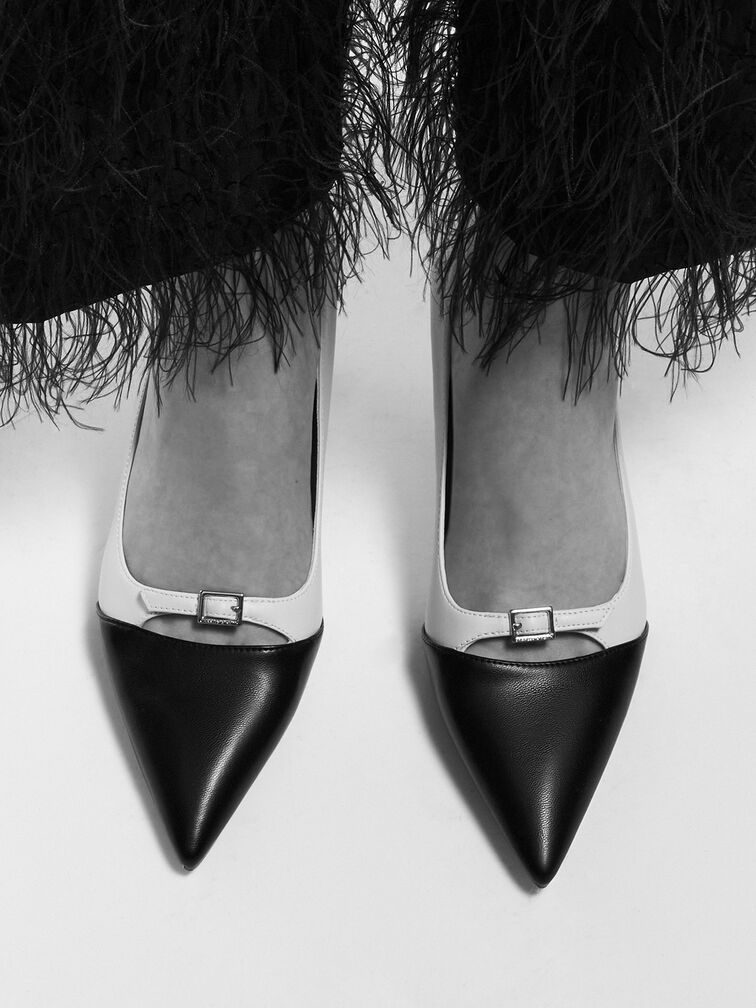 Two-Tone Buckle-Strap Pointed-Toe Pumps, White, hi-res