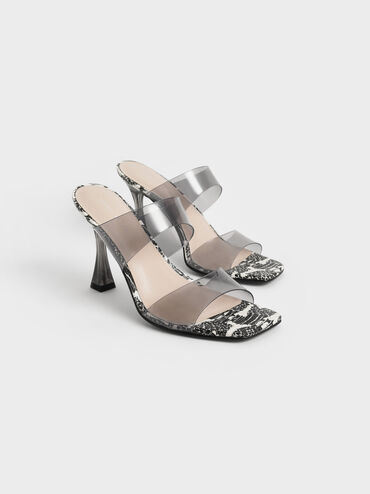 Snake-Print See-Through Heeled Mules, Animal Print Black, hi-res