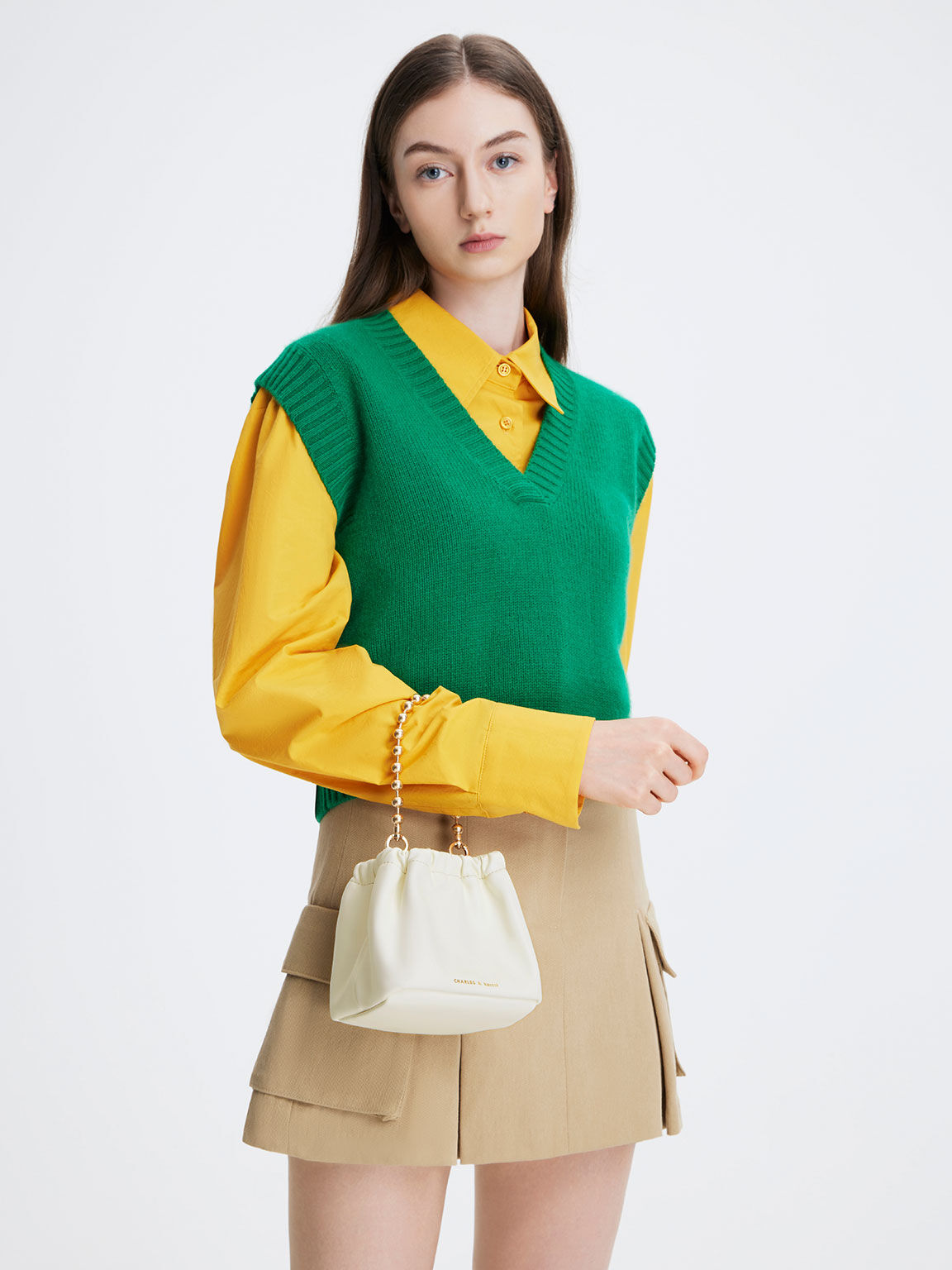 Aldora Beaded Handle Bucket Bag, White, hi-res