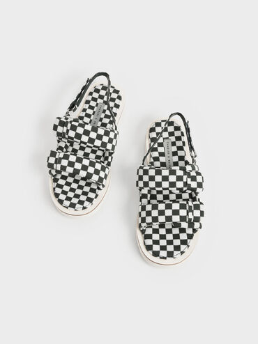 Knitted Checkered Sports Sandals, Dark Green, hi-res