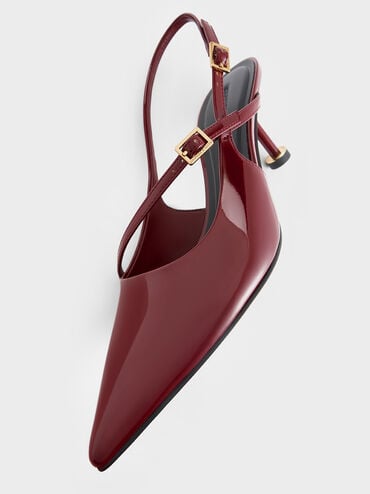Wynn Patent Buckled Sculptural-Heel Slingback Pumps, Red, hi-res