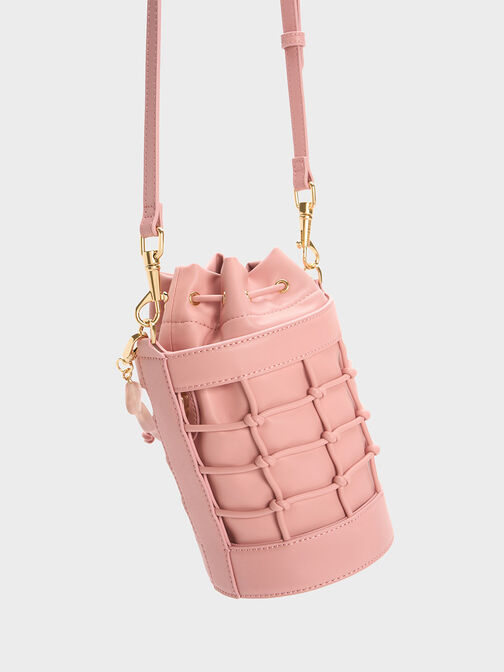 Heart Motif Caged Bucket Bag, Pink, hi-res