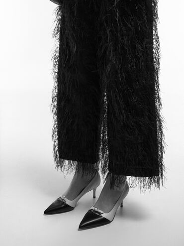 Two-Tone Buckle-Strap Pointed-Toe Pumps, White, hi-res