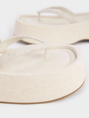 Savannah Chain-Embellished Ankle-Strap Linen Flatforms, Beige, hi-res