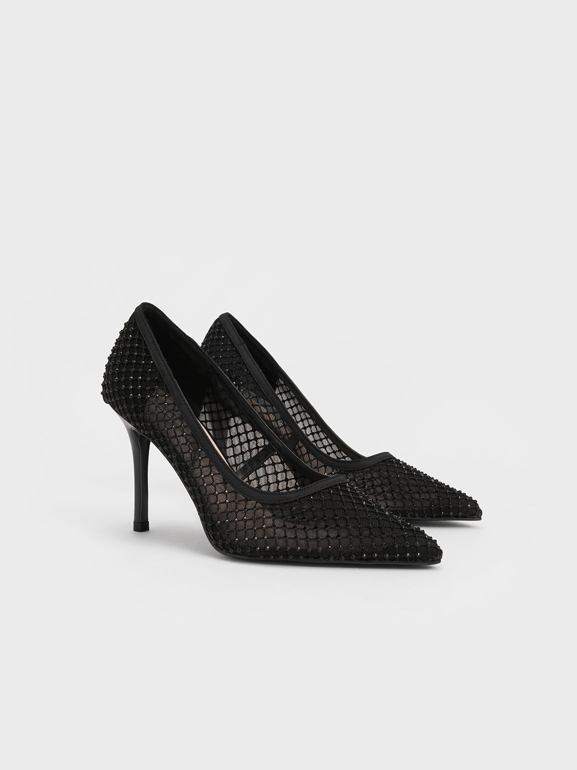 Gem-Encrusted Mesh Heeled Pumps, Black, hi-res