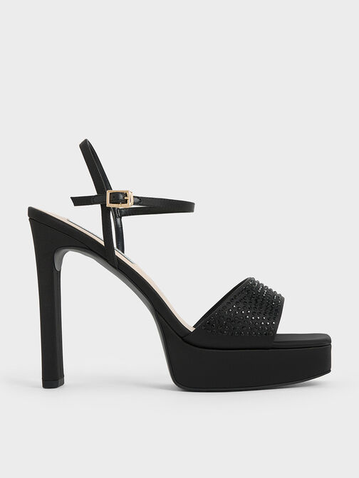 Recycled Polyester Crystal-Embellished Platform Sandals, Black Textured, hi-res