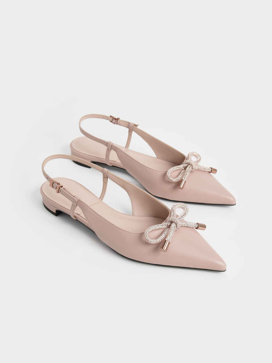 Nude Gem Embellished Bow Tie Slingback Flats CHARLES KEITH SA
