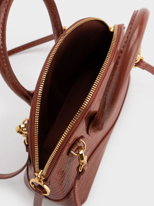 Harmonee Croc-Embossed Bowling Bag, Mocha, hi-res