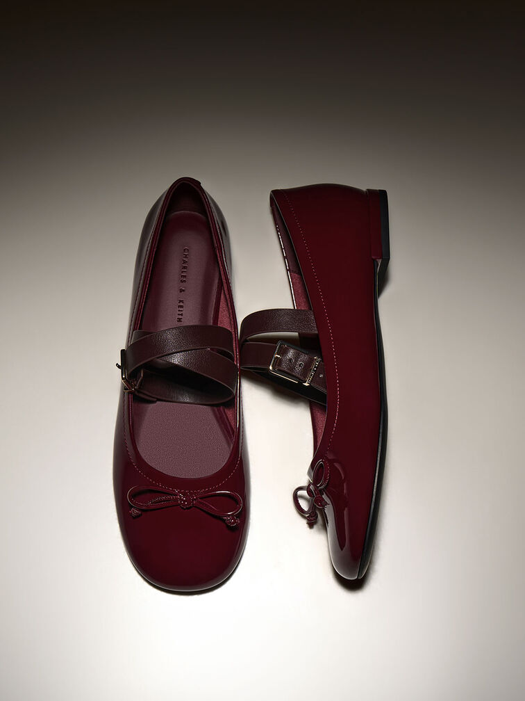 Margot Patent Crossover-Strap Ballerinas, Maroon, hi-res