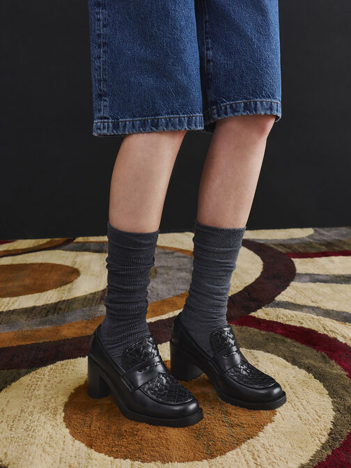 Woven-Detail Penny Loafer Block-Heel Pumps, Black, hi-res