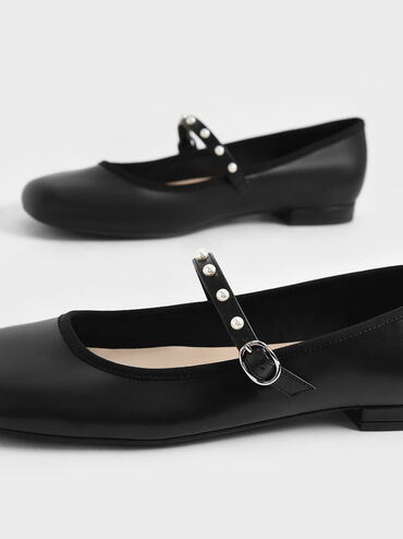 حذاء ماري جين مسطح مطرز بالخرز, أسود, hi-res