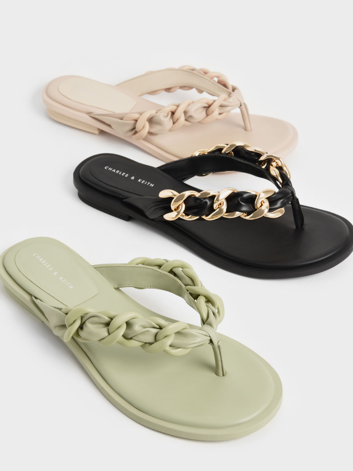 Braided Chain-Link Strap Thong Sandals, Sage Green, hi-res