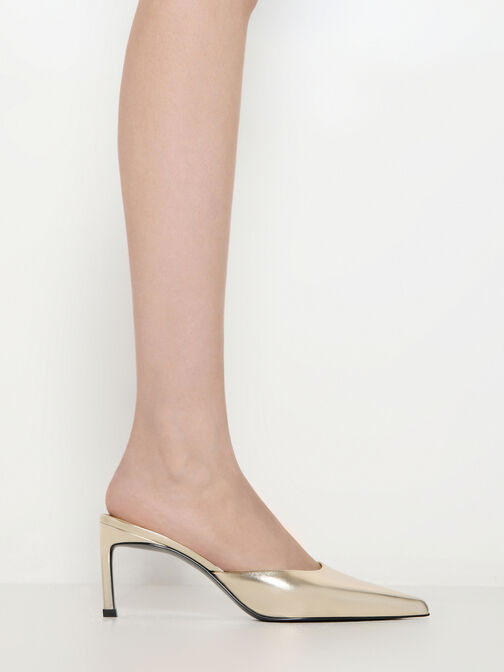 Metallic Pointed-Toe Heeled Mules, Gold, hi-res