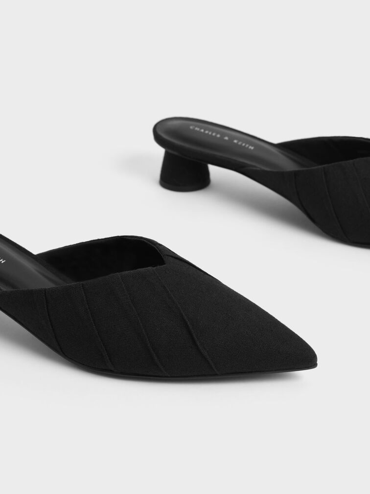 Linen Ruched Cylindrical Heel Mules, Black, hi-res