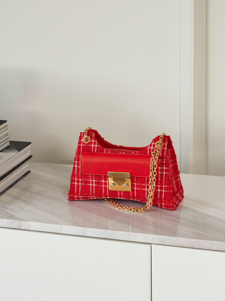 حقيبة يودورا بتصميم هندسي من الصوف, أحمر, hi-res