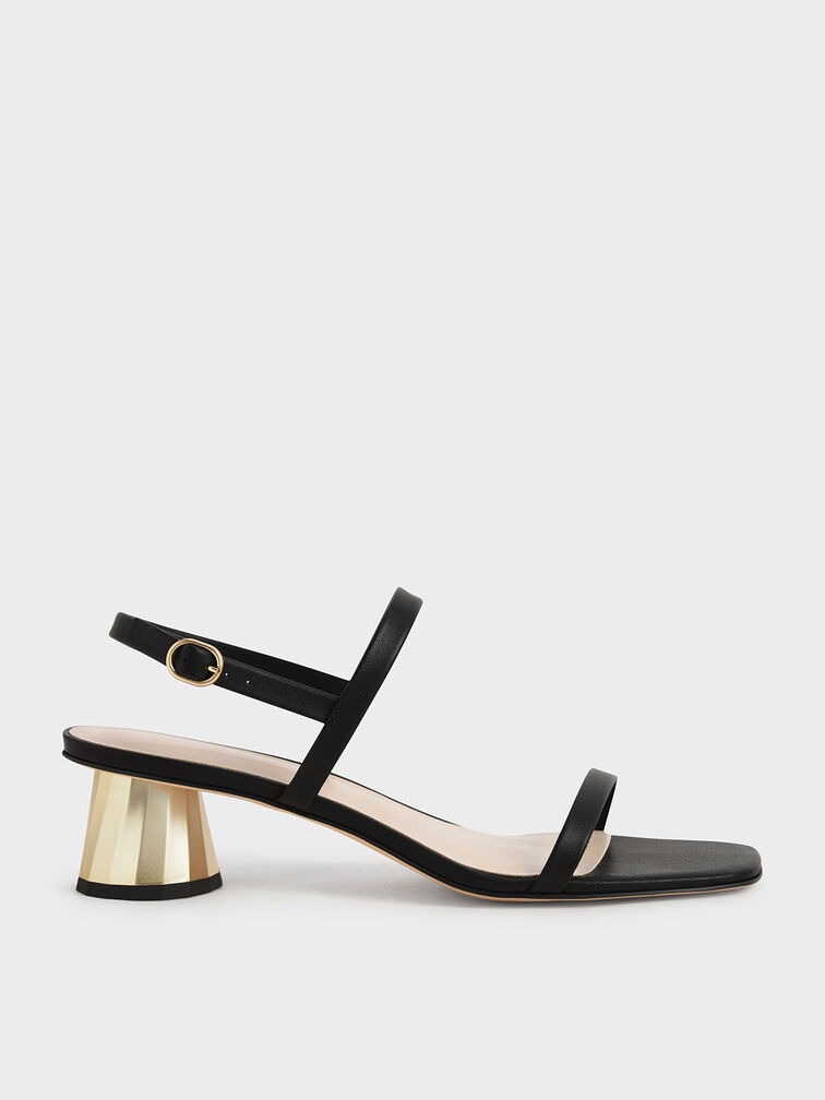 Metallic Cone Heel Slingback Sandals, Black, hi-res