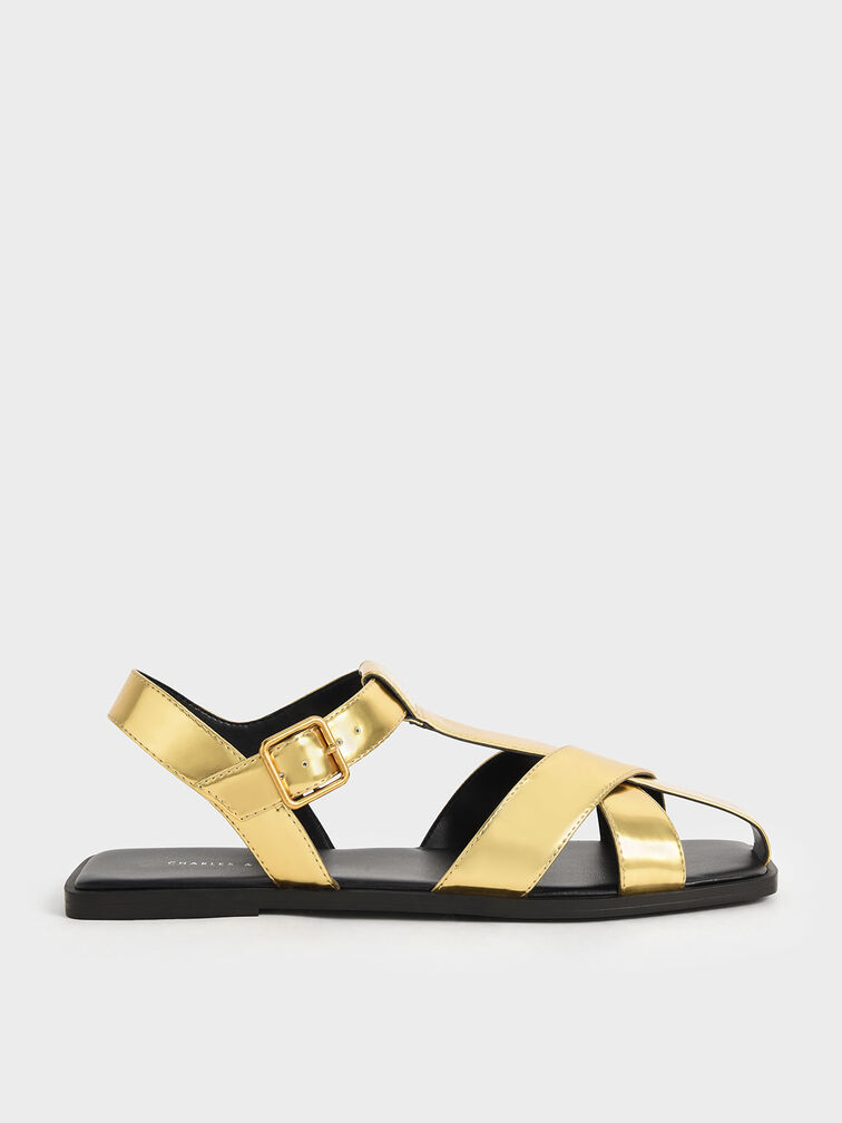 Metallic Strappy Crossover Sandals, Gold, hi-res