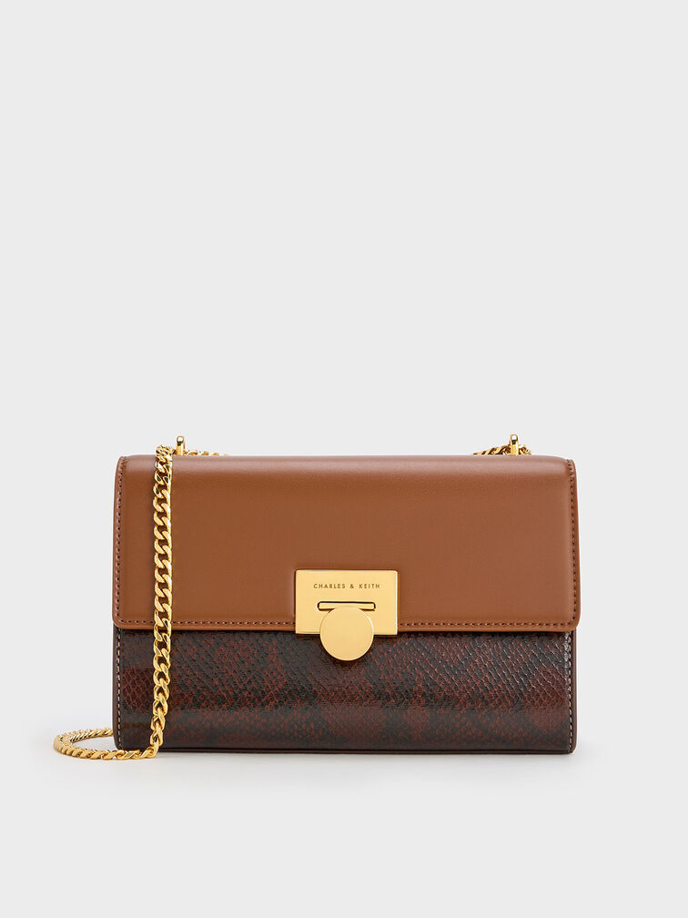 Snake Print Metallic Accent Clutch, Chocolate, hi-res