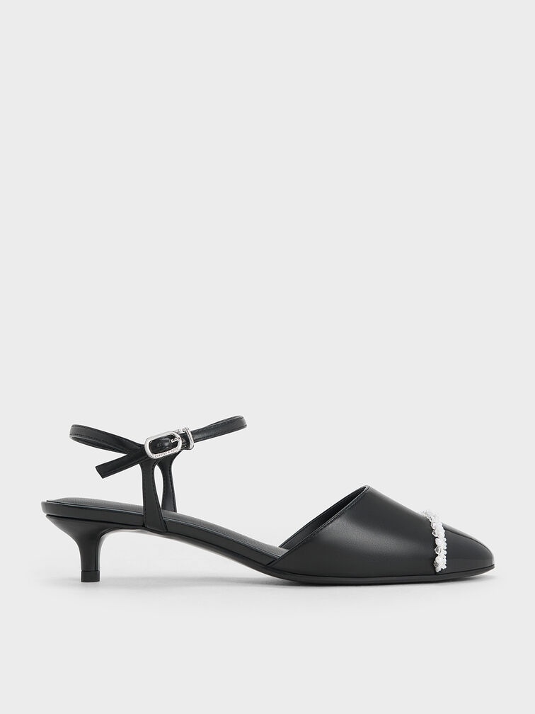 Pearl-Embellished Cap-Toe Kitten Heels, Black, hi-res