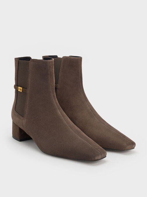 Georgina Suede Tapered Square-Toe Ankle Boots, Dark Brown Textured, hi-res