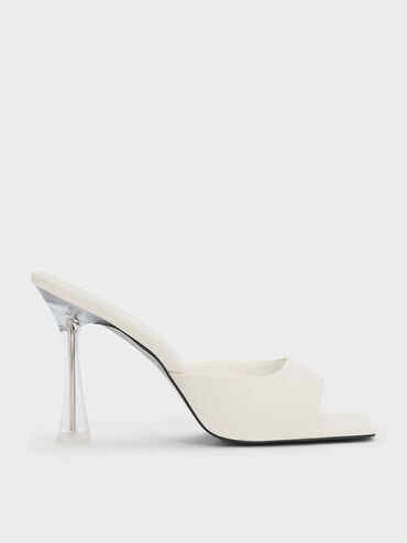 Clear Flared Heel Mules, Cream, hi-res