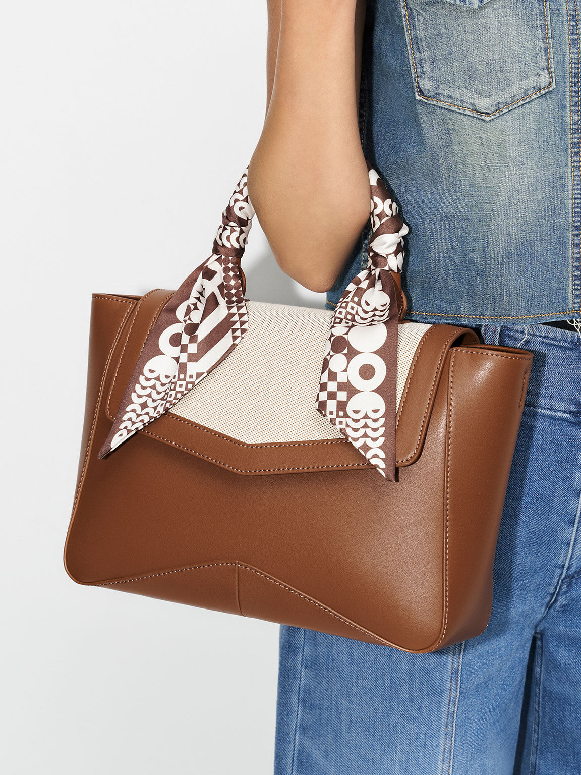 Chocolate Arley Canvas Scarf Wrapped Top Handle Bag CHARLES KEITH SA
