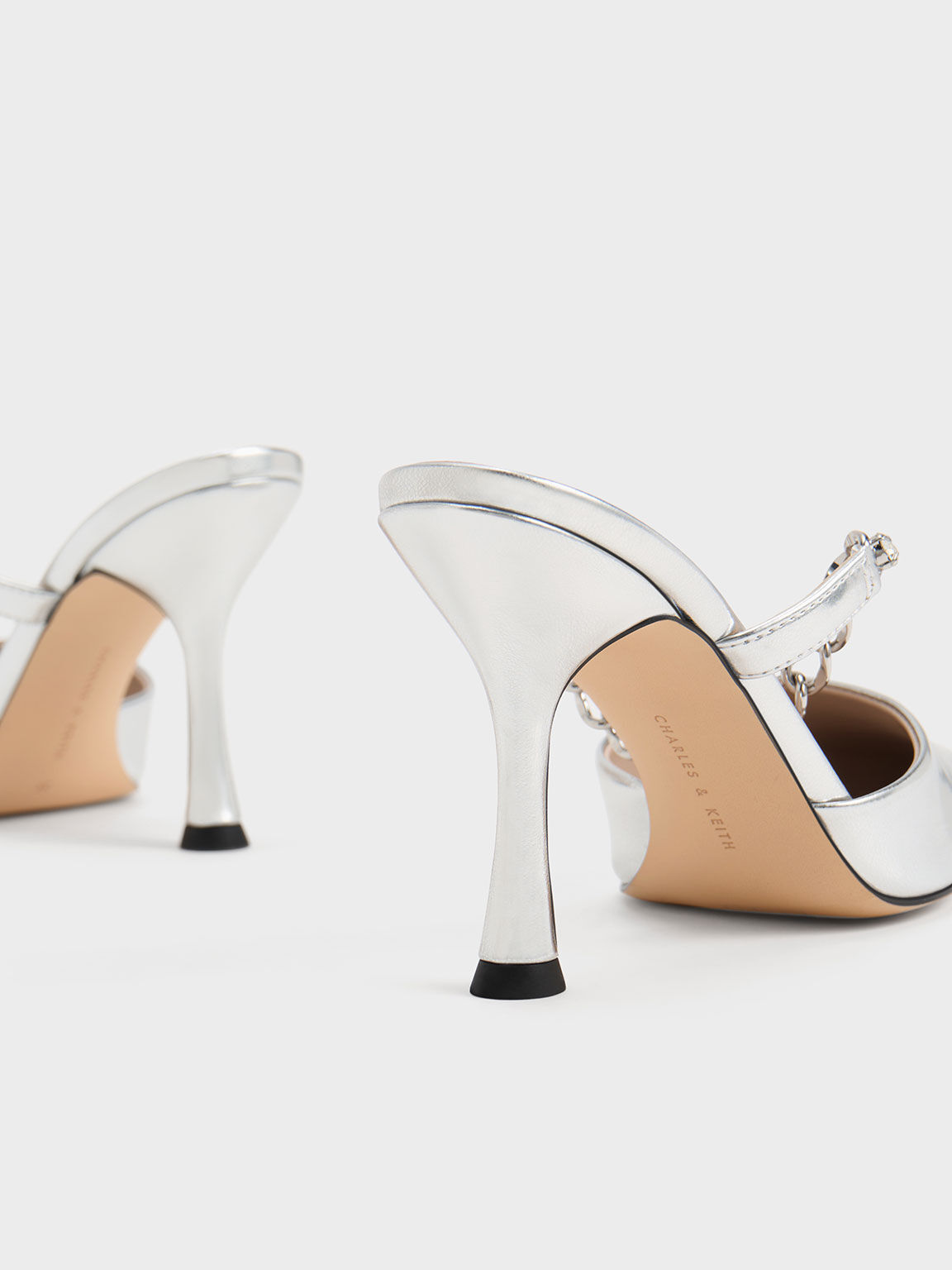 Chain-Link Strap Heeled Mules, Silver, hi-res