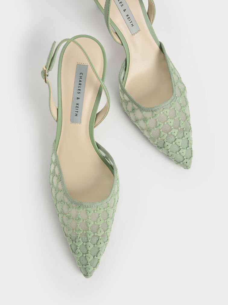 حذاء من الدانتيل بكعب عالٍ وتصميم مفتوح من الخلف وحزام كاحل, لون أخضر, hi-res