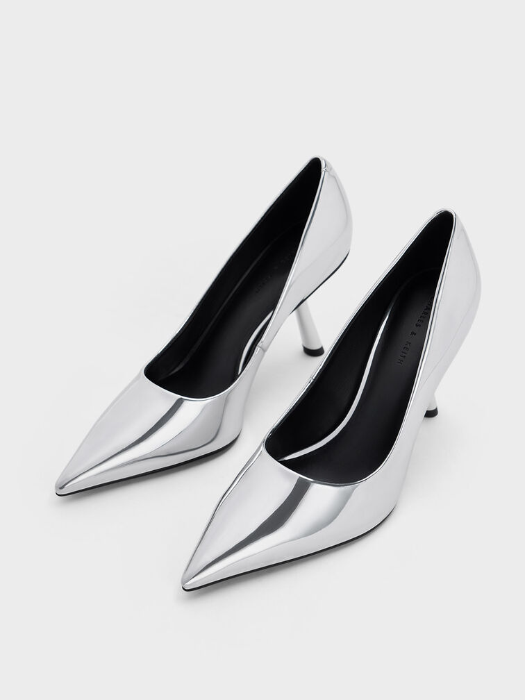 Metallic Slant-Heel Pointed-Toe Pumps, Silver, hi-res