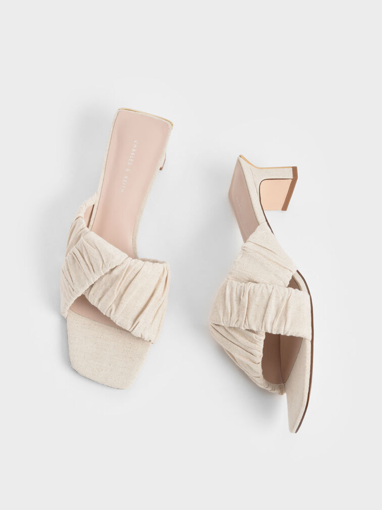 Linen Asymmetric Ruched Mules, Chalk, hi-res