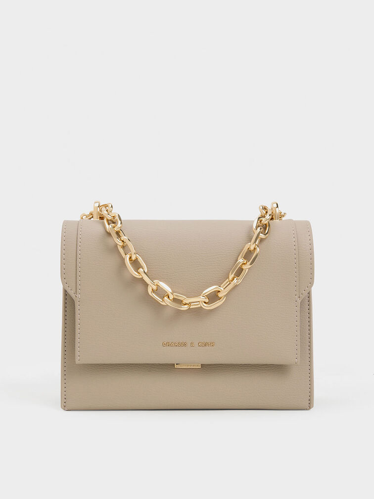 Front Flap Chain Handle Crossbody Bag, Taupe, hi-res