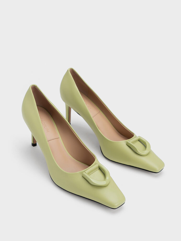 حذاء بامب جلدي قابين بمقدمة مدببة, لون أخضر, hi-res