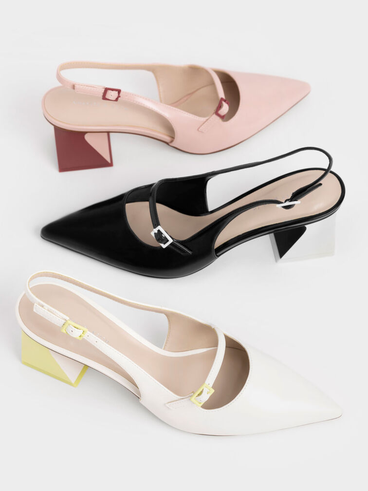 Two-Tone Trapeze Heel Slingback Pumps, Pink, hi-res