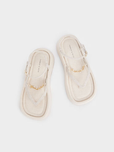 Savannah Chain-Embellished Ankle-Strap Linen Flatforms, Beige, hi-res