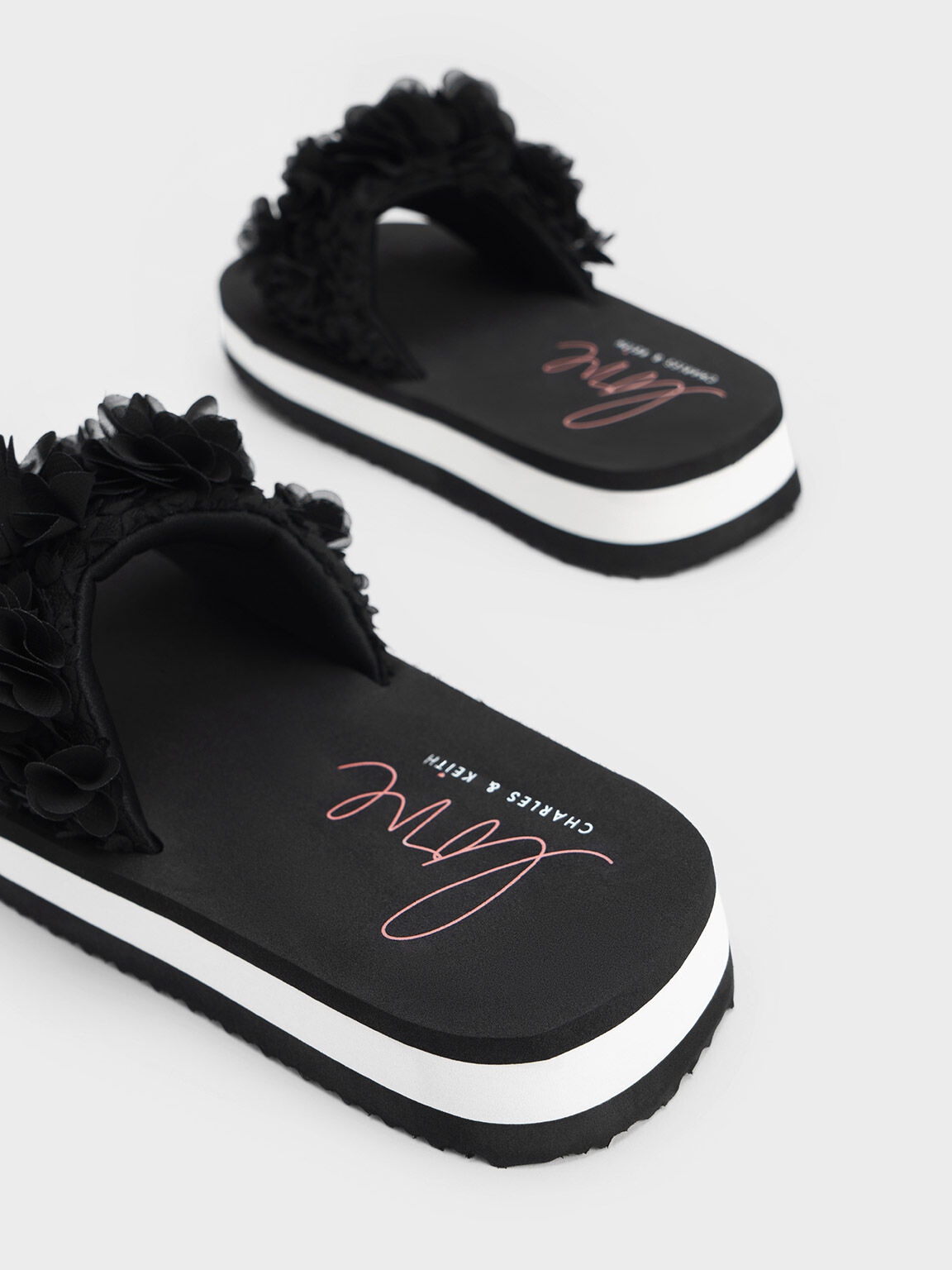 Floral Mesh Flatform Sandals, Black, hi-res